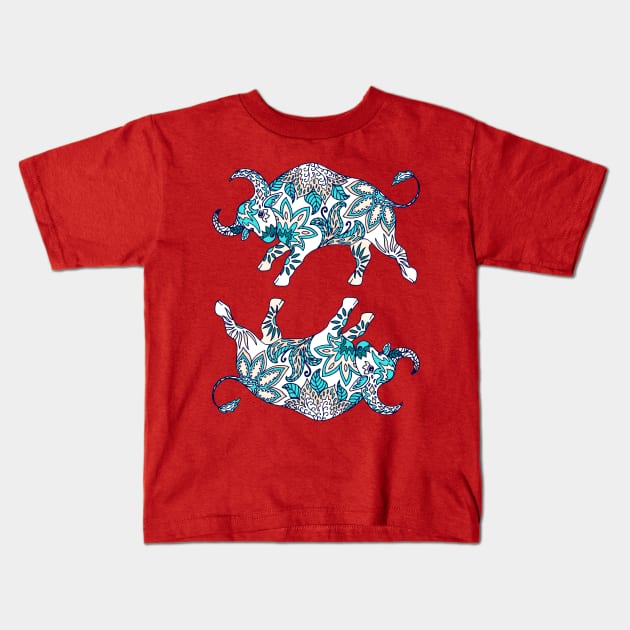 Paisley Oxen (Coral and Teal Palette) Kids T-Shirt by illucalliart